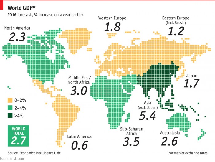 crescita del PIL, mappa del mondo con cifre