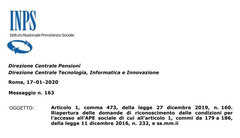 Ape social 2020: riapertura domande accesso, la circolare Inps