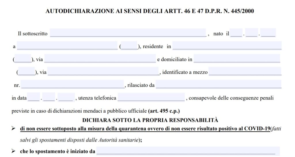 Nuovo modello autocertificazione per Coronavirus